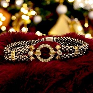 Vintage Lagos Caviar 18K Yellow Gold And Silver Diamond Double Circle Bracelet